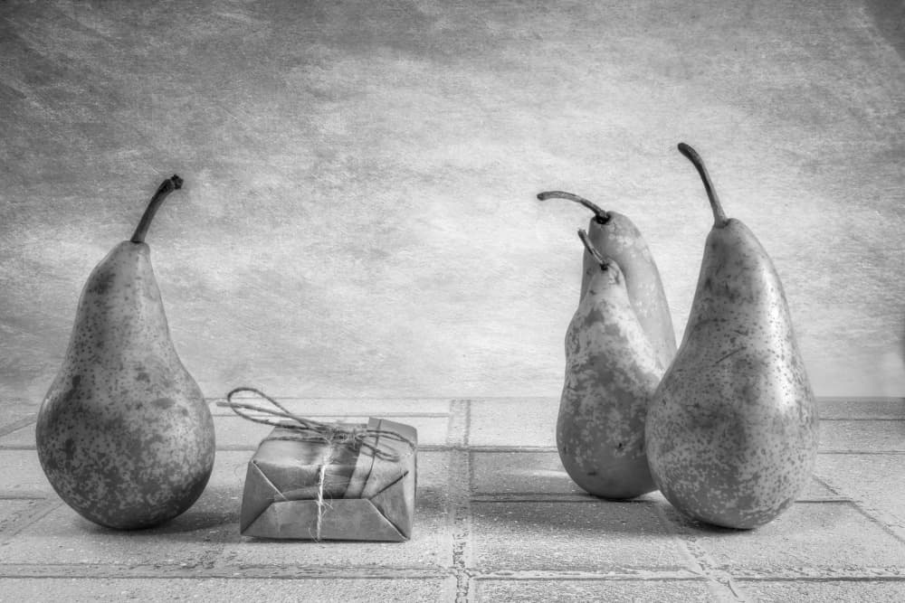Pears and a Rustic Gift by Montserrat Alviani — canvas wall art