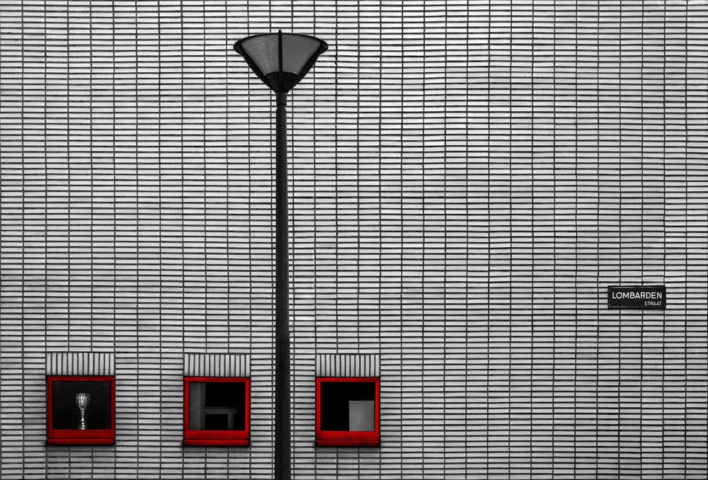 Red Windows Streetlight by Gilbert Claes — canvas wall art