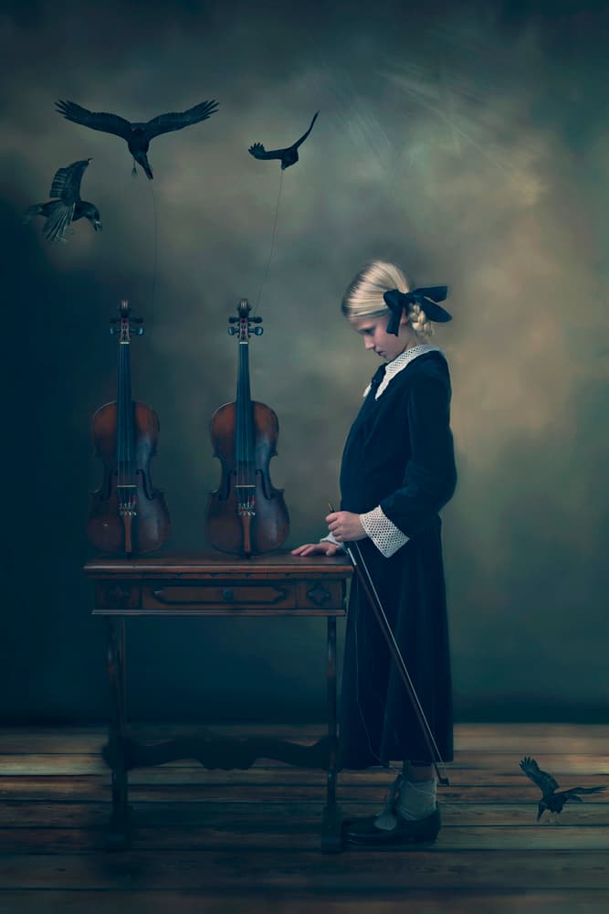 Girl With Violins And Crows by Ewa Cwikla — canvas wall art