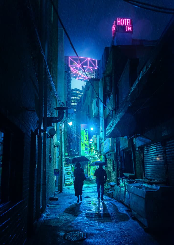 Neon Alley Rain by Alberto Urra — canvas wall art