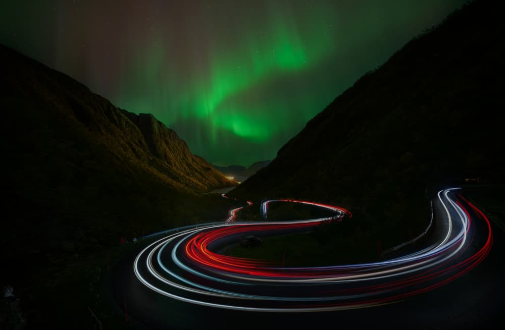 Northern Lights Road Trails by James Zhen Yu — canvas wall art