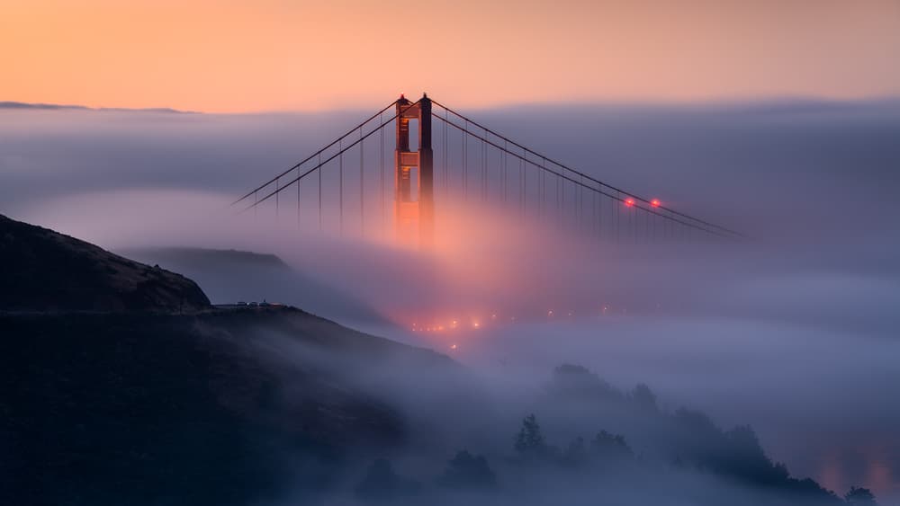 Golden Gate Glowing Fog by Gerald Macua — canvas wall art