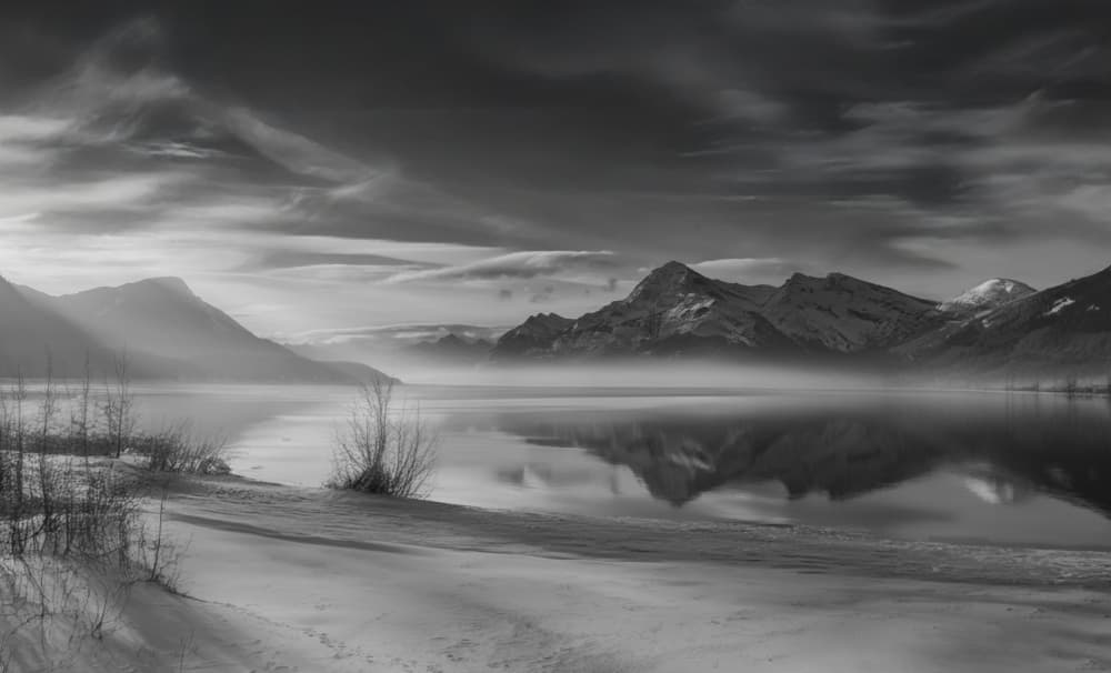 Misty Winter Mountain Lake by NanZ — canvas wall art