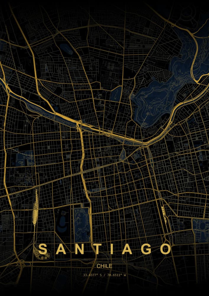 Golden Santiago City Map by HUGO — canvas wall art