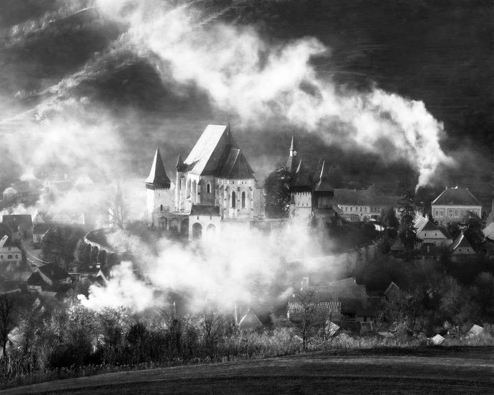 Dramatic Foggy Village by Sebastian Prioteasa — canvas wall art