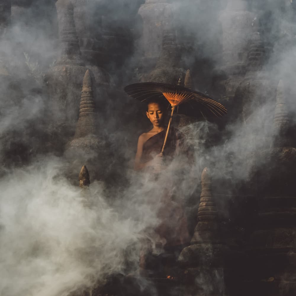 Novice Monk Misty Temple by ADIREK M — canvas wall art