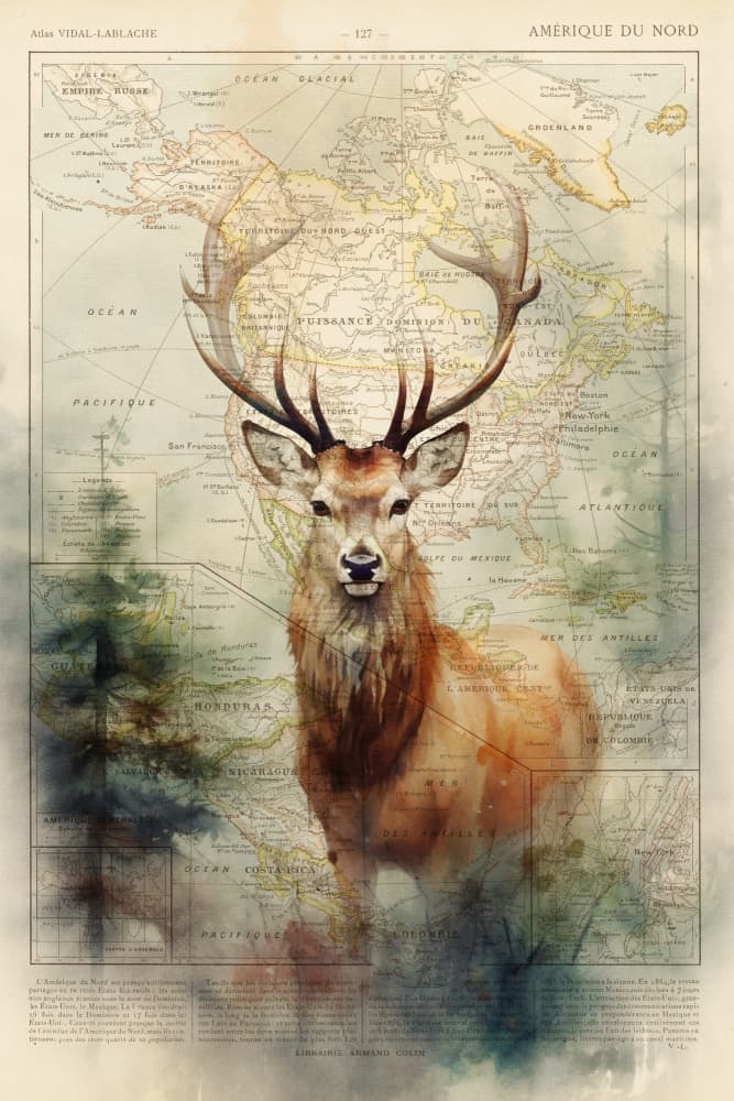 Majestic Stag Map by thomas chedeville — canvas wall art