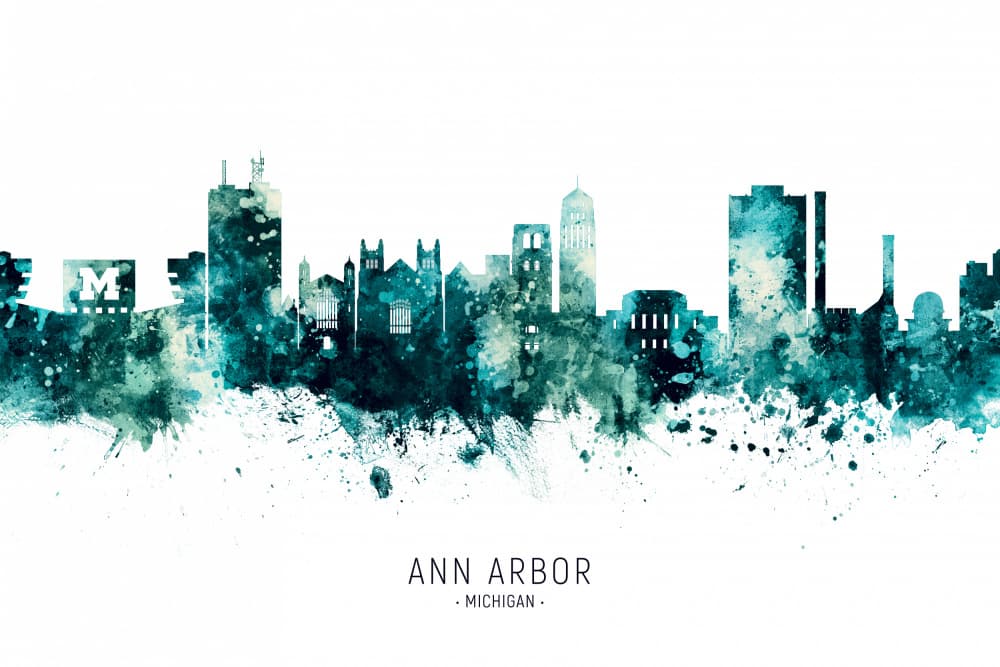 Ann Arbor Watercolor Skyline by Michael Tompsett — canvas wall art