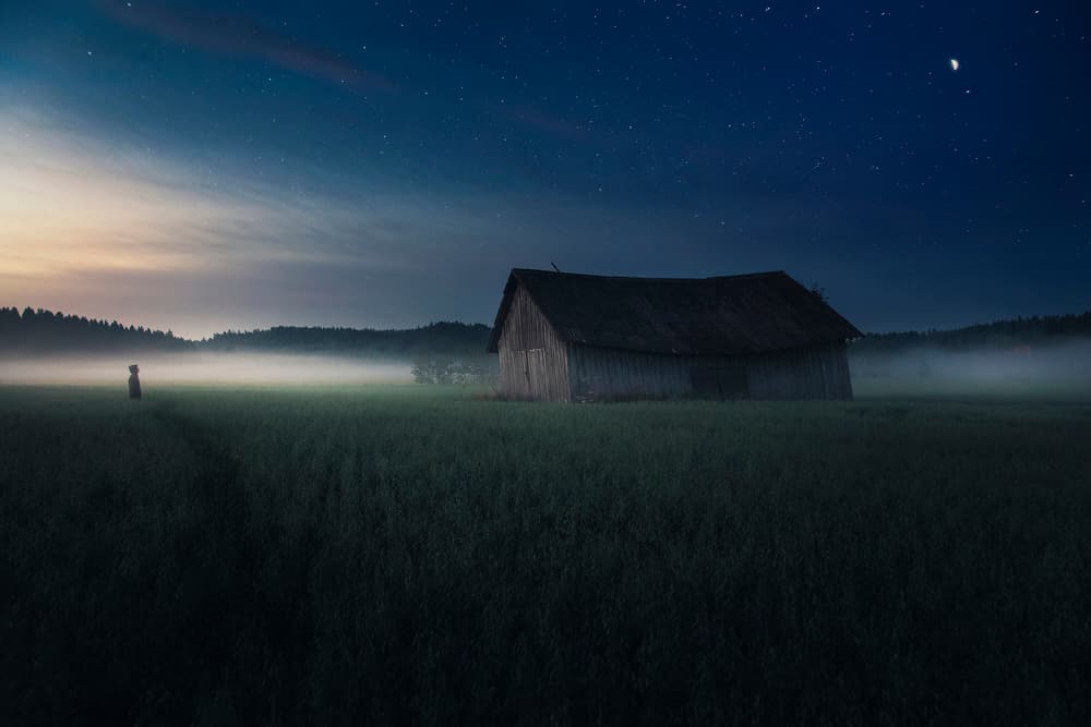 Misty Night Barn by Mika Suutari — canvas wall art