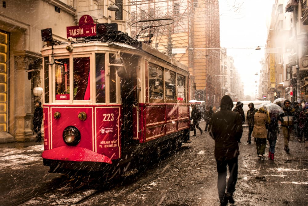 Red Tram in Snow by Ervin Kobakçi — canvas wall art