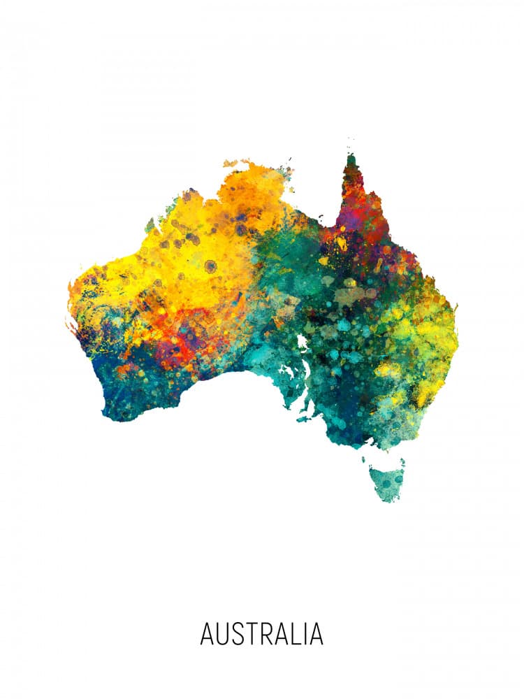 Splashed Australia Map by Michael Tompsett — canvas wall art