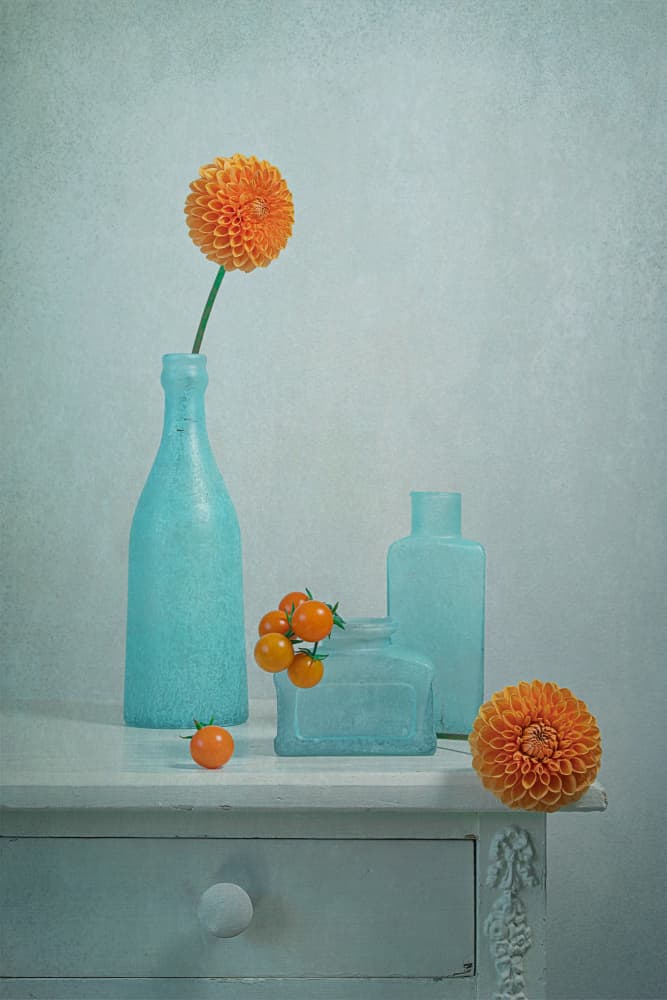 Orange Dahlia Blue Vases by Lydia Jacobs — canvas wall art