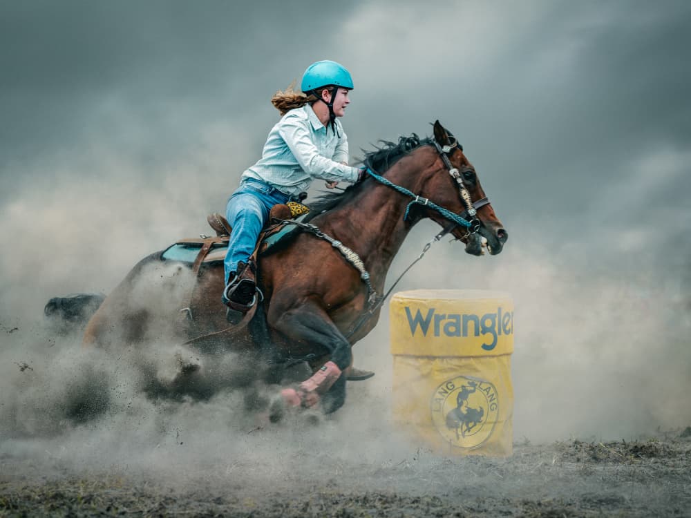Dusty Barrel Racing Action by Frank Ma — canvas wall art
