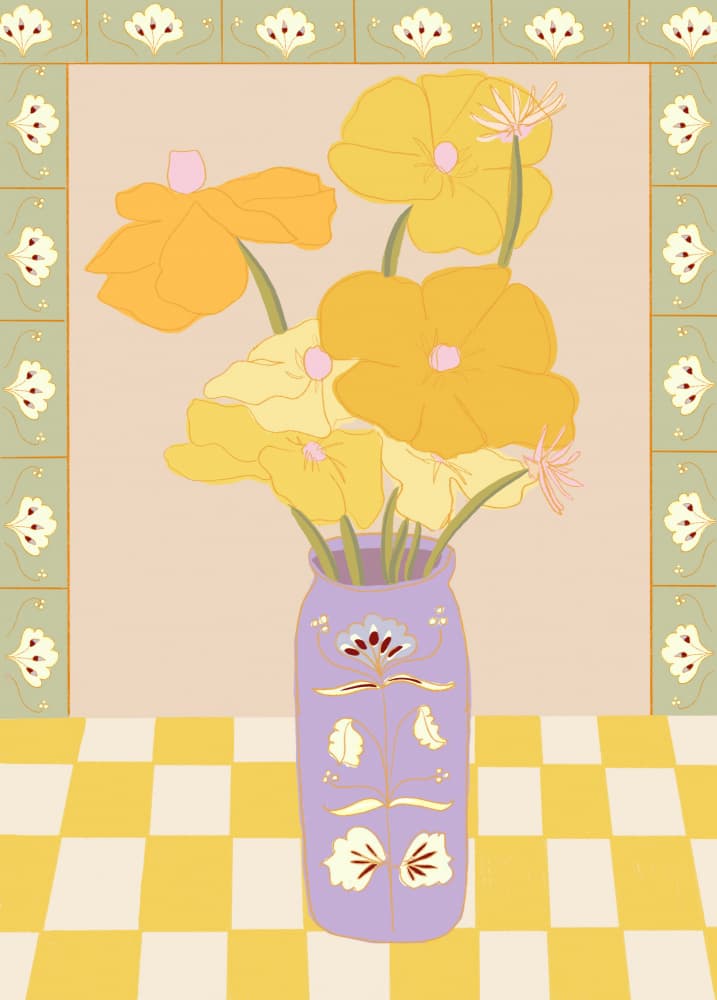 Yellow Blooms Purple Vase by Elsa Eleni — canvas wall art
