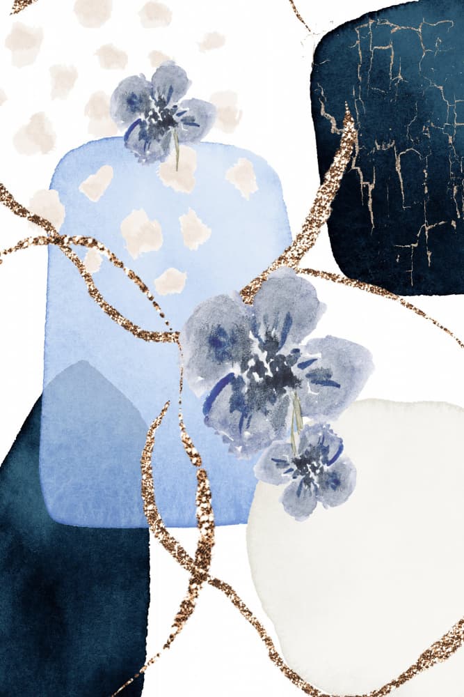Golden Blue Floral Abstraction by Sally Ann Moss — canvas wall art