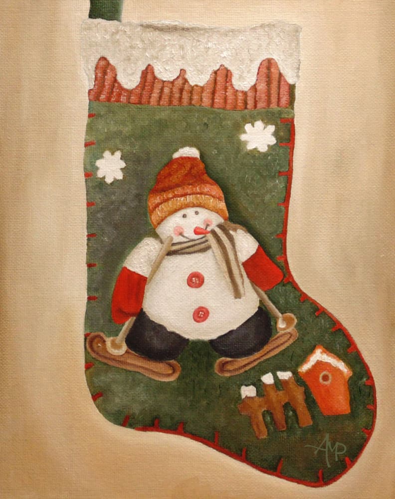 Skiing Snowman Stocking by Angeles M. Pomata — canvas wall art