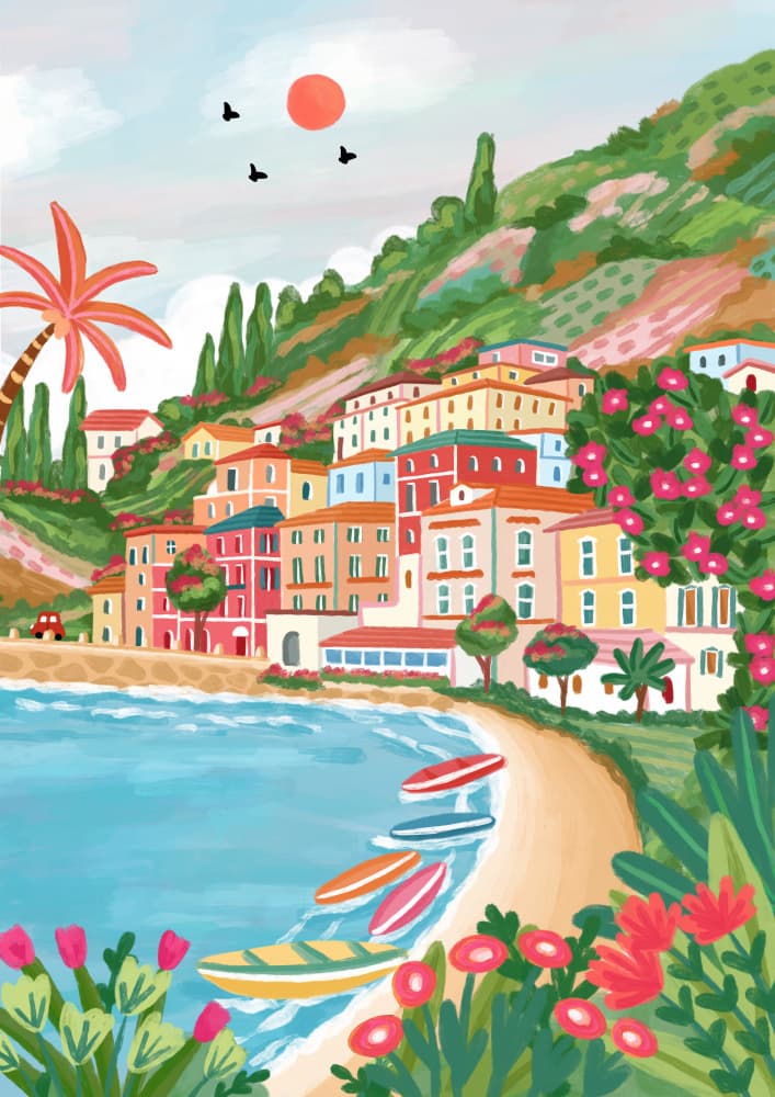 Colorful Coastal Village by Nidhi Kachhadiya — canvas wall art