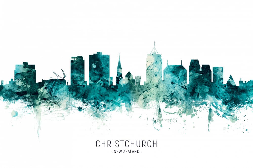 Teal Christchurch Skyline by Michael Tompsett — canvas wall art