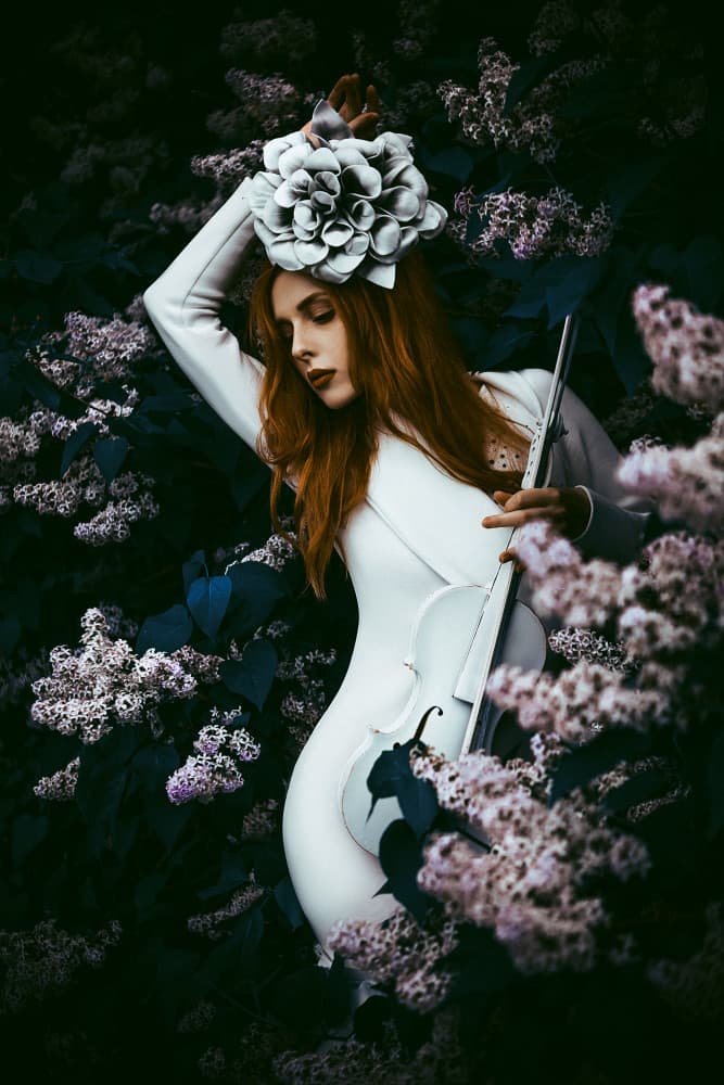 Redhead Violinist in Lilacs by Ruslan Bolgov — canvas wall art