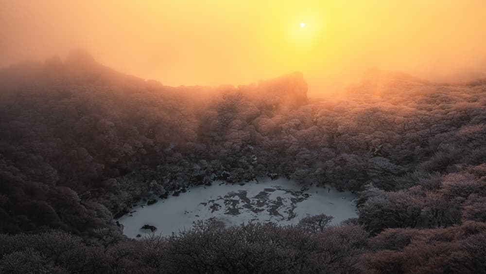 Golden Winter Crater Lake by Takumi Ikeda — canvas wall art