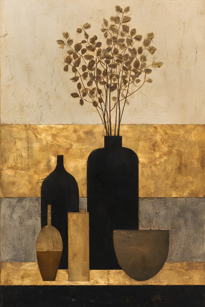 Golden Still Life Vases by Miguel Bruzual — canvas wall art