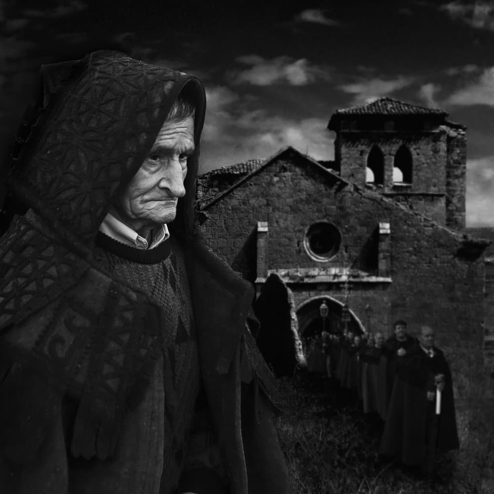 Somber Elder and Procession by Juan Antonio Palacios — canvas wall art