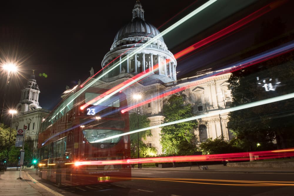 London Night Bus Trails by Rolf Gasser — canvas wall art
