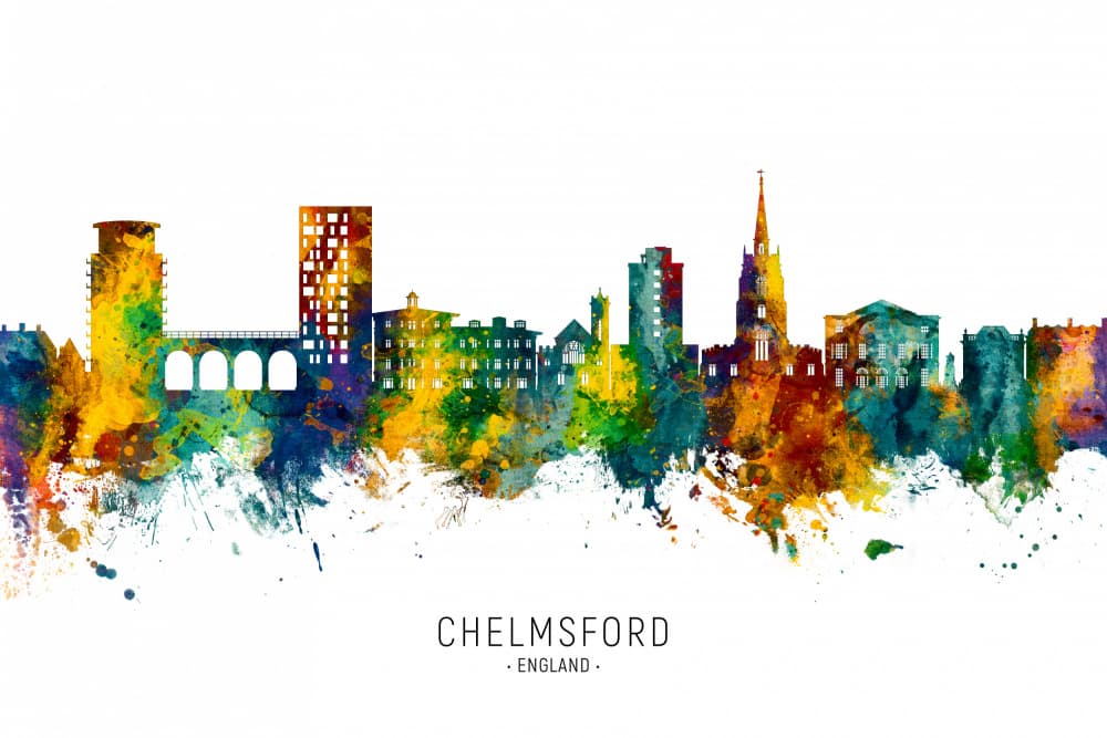 Chelmsford Watercolor Skyline by Michael Tompsett — canvas wall art