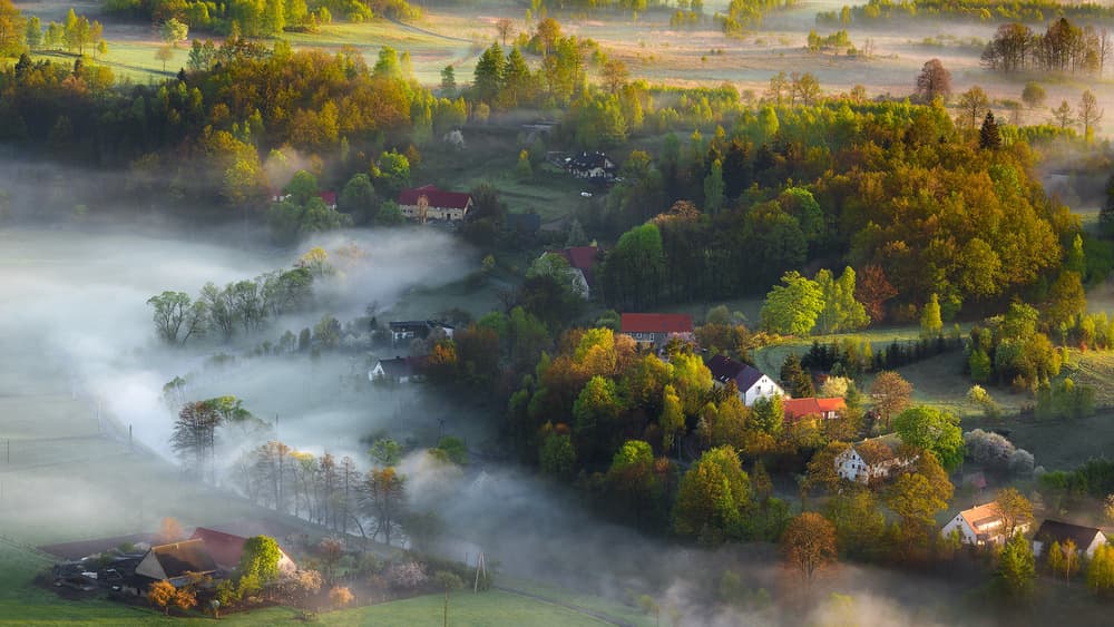 Misty Valley Village by Izabela Laszewska-Mitrega / Darek Mitręga — canvas wall art