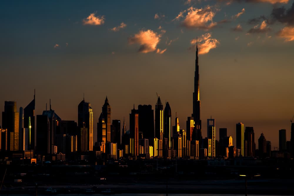 Dubai Sunset Skyline by Urs Zimmermann — canvas wall art
