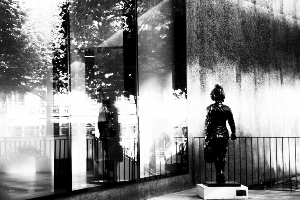 Statue and City Reflection by Ralitsa Byalkova — canvas wall art