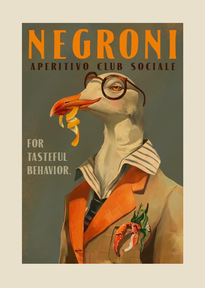 Vintage Art Deco Negroni Poster Of A Fancy Seagull by The Whiskey Ginger — canvas wall art