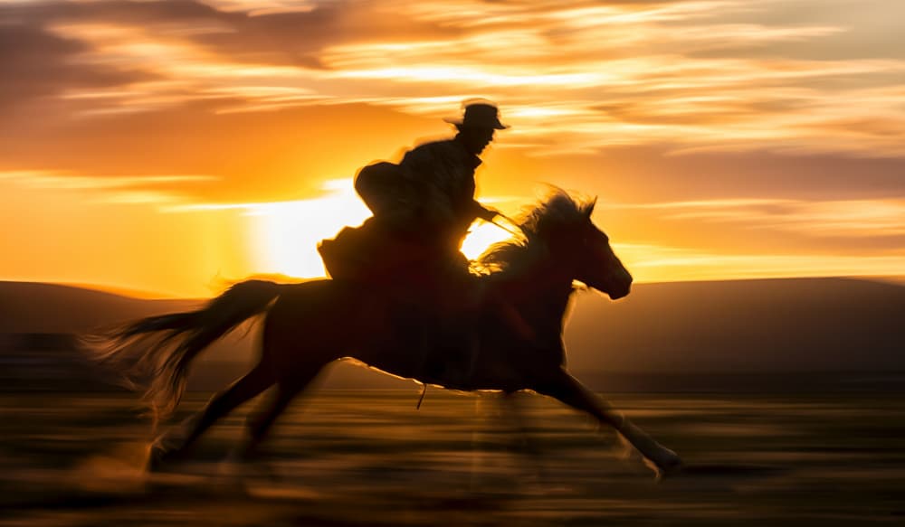 Galloping Rider Sunset by AmandaLee — canvas wall art