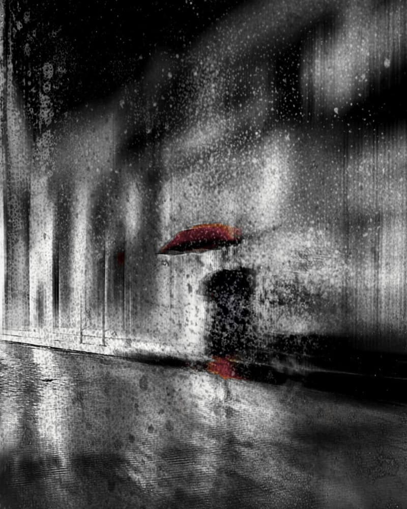 Red Umbrella In Rain by Lammakmak — canvas wall art