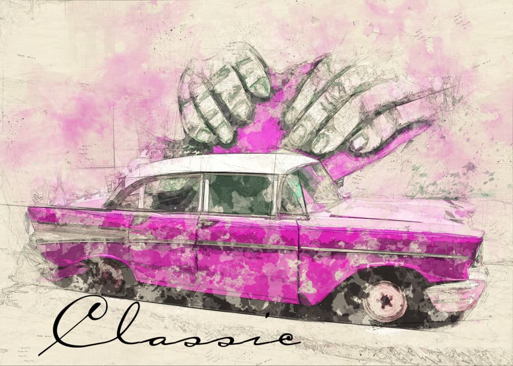 Classic Pink Dream Car by Lembayung senja studio [Vintage Poster] — canvas wall art