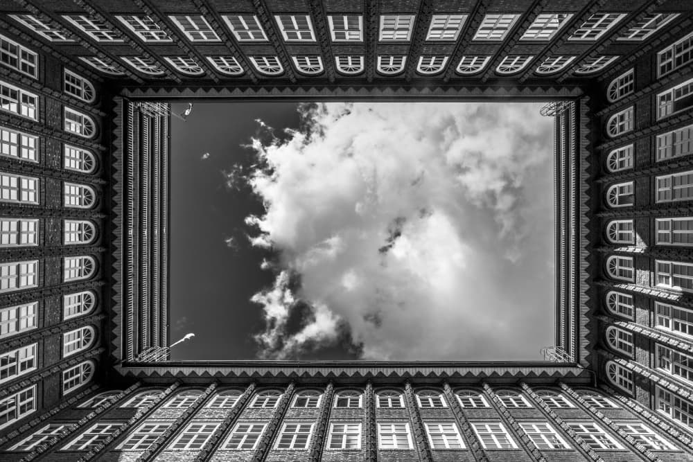 Framed Sky Courtyard by Zina Heg — canvas wall art