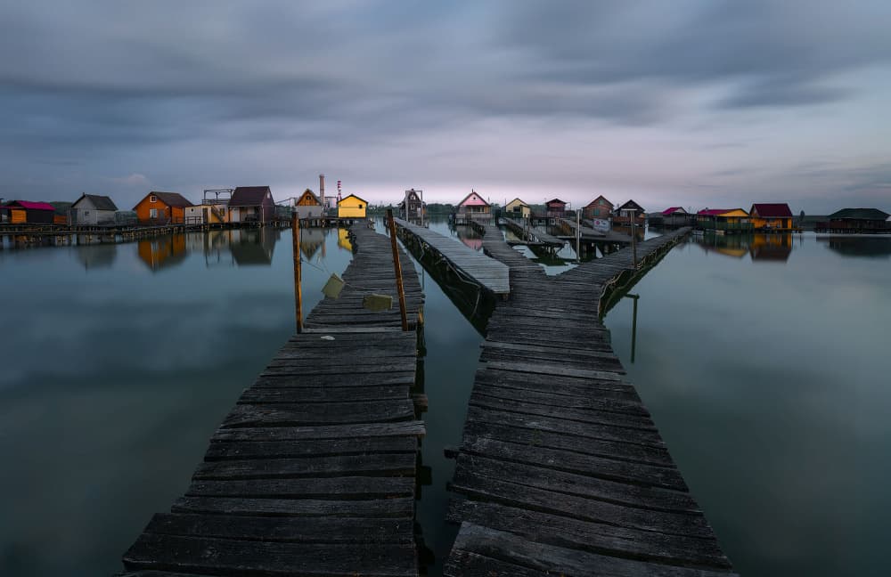 Twilight Lake Village Piers by Larry Deng APA — canvas wall art