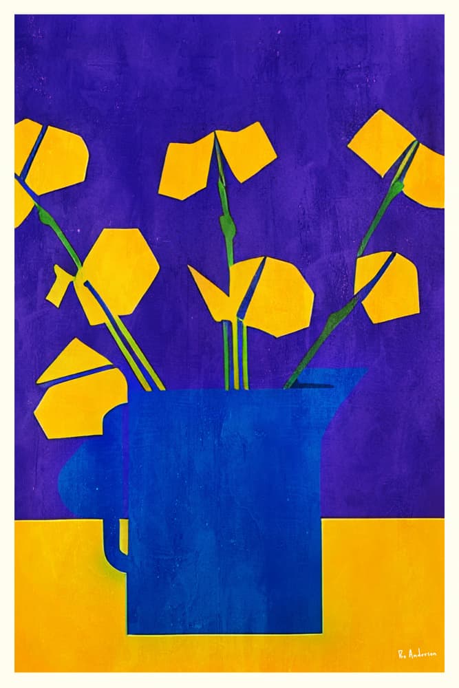 Yellow Flowers Blue Pitcher by Bo Anderson — canvas wall art
