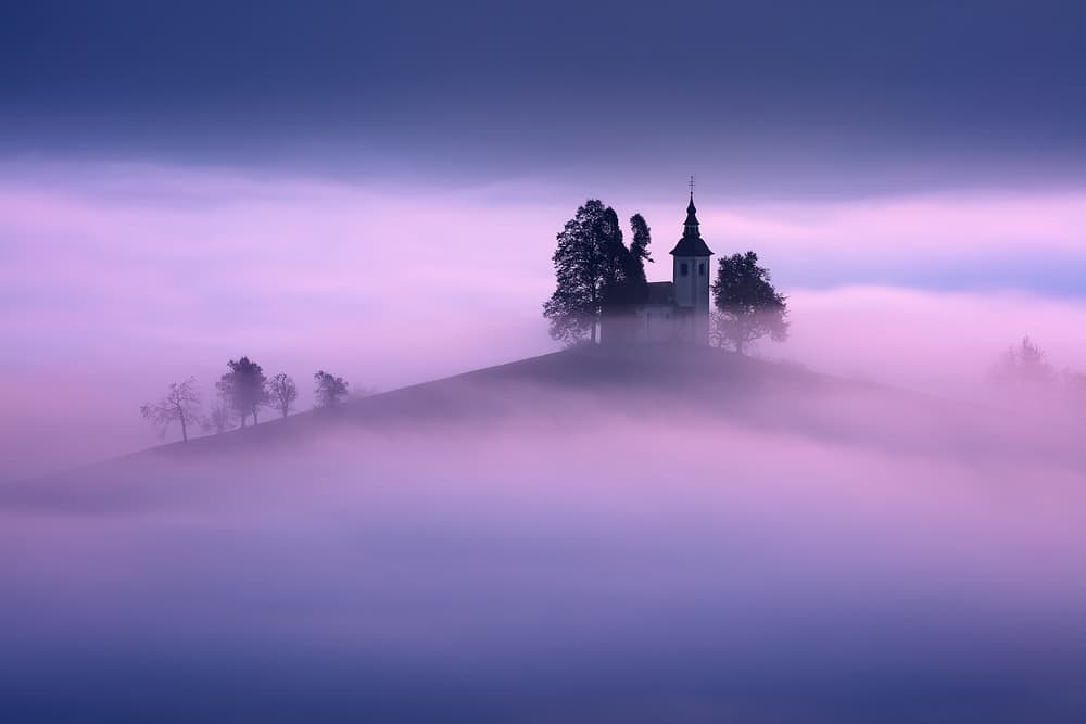 Misty Purple Church by Daniel Řeřicha — canvas wall art