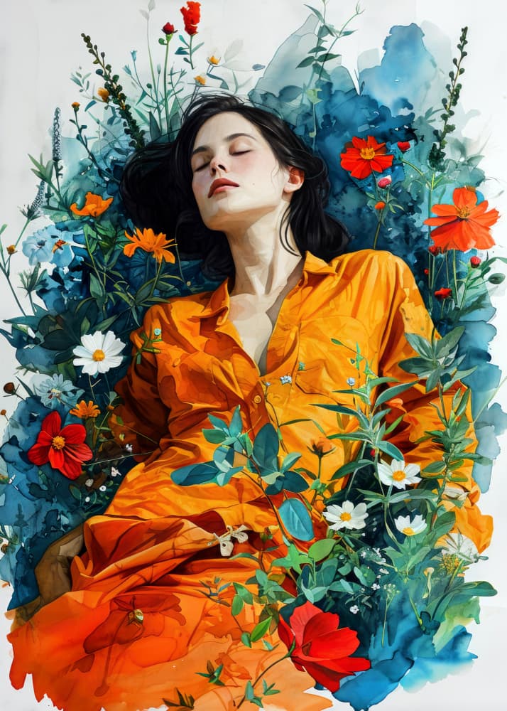Peaceful Woman Floral Garden by Justyna Jaszke — canvas wall art