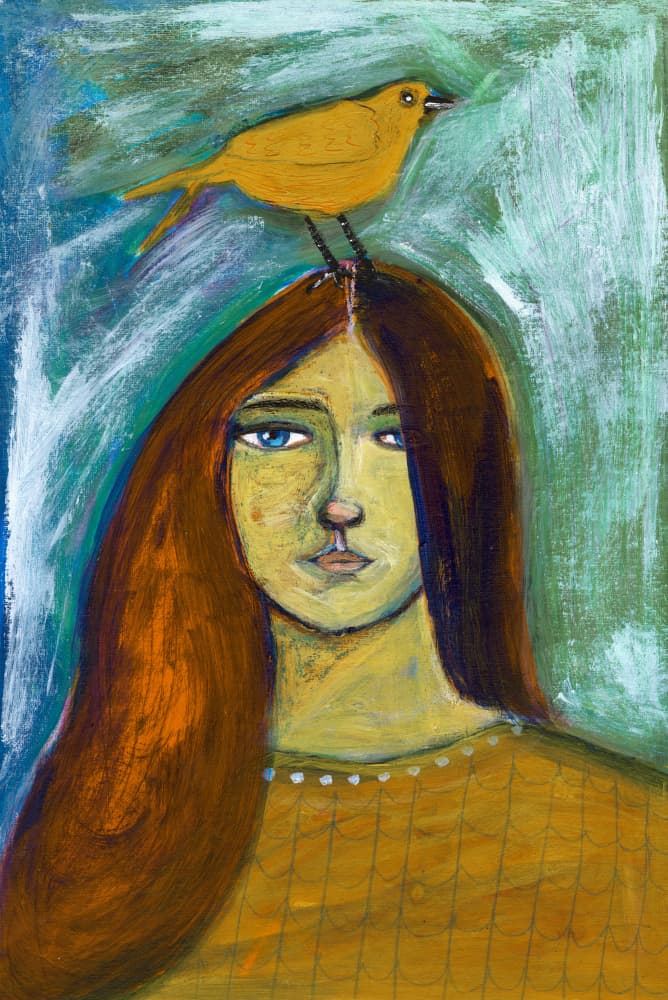 Pensive Girl Yellow Bird by Sharyn Bursic — canvas wall art