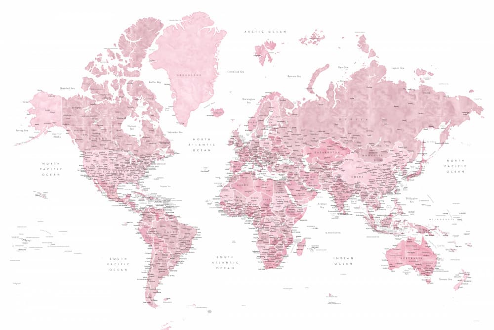 Blush World Map by Rosana Laiz Blursbyai — canvas wall art