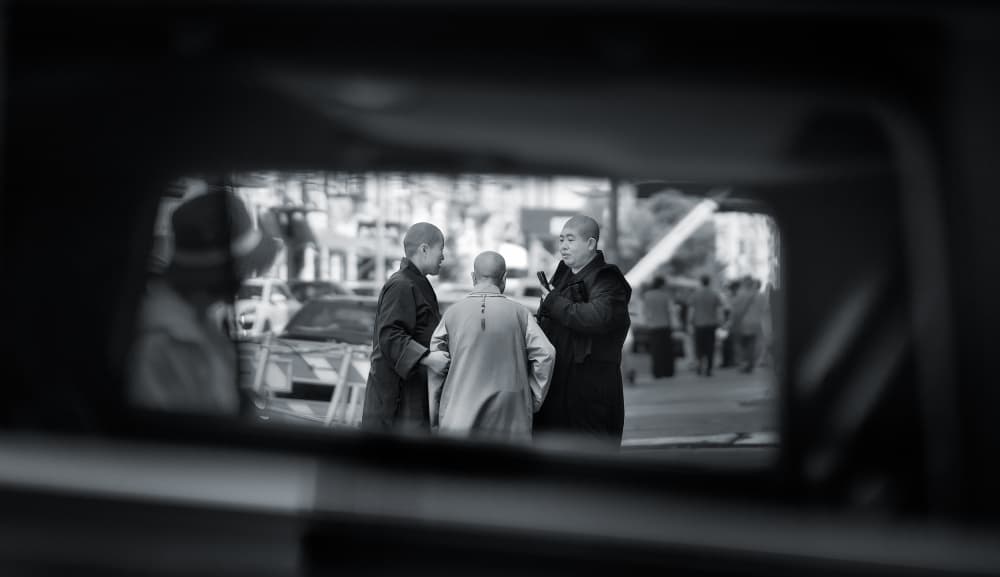 Monks in Rearview Mirror by Javier de la Torre — canvas wall art