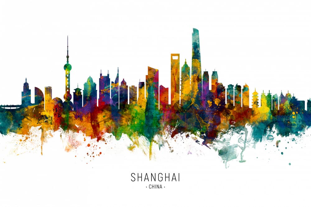 Colorful Shanghai Skyline by Michael Tompsett — canvas wall art