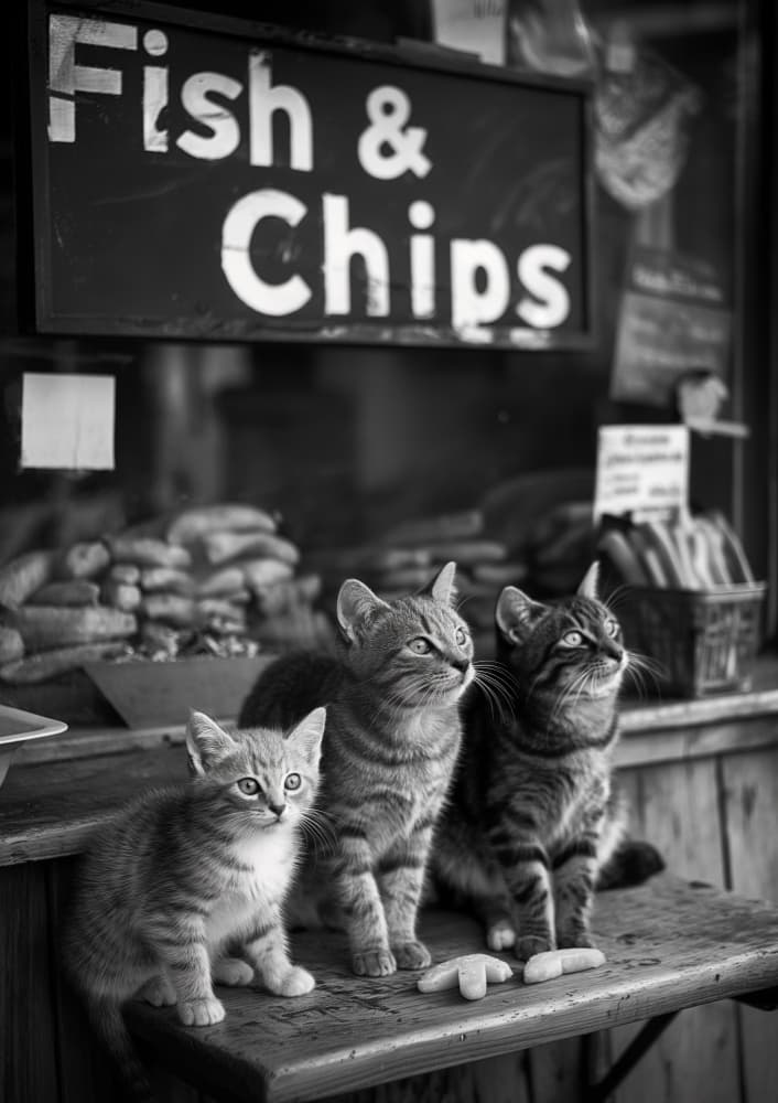 Fish and Chips Cats by Niky Rahner — canvas wall art