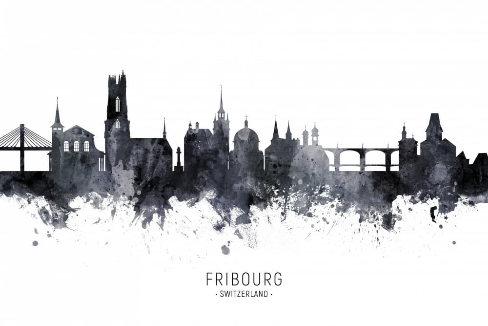 Watercolor Fribourg Skyline by Michael Tompsett — canvas wall art