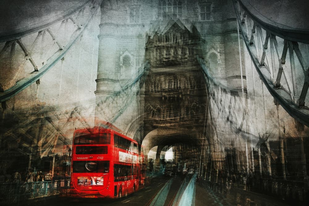 London Tower Bridge Red Bus by Damijan Sedevcic — canvas wall art