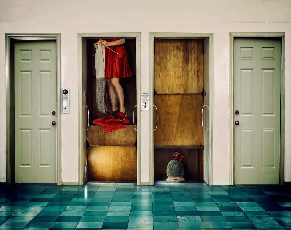 Knitting in the Elevator by ambra — canvas wall art