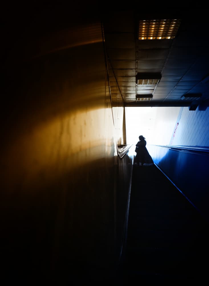 Solitary Escalator Journey by Mirela Momanu — canvas wall art
