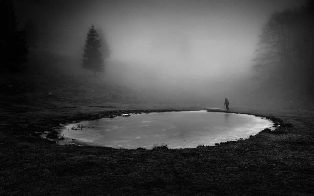Man by Misty Pond by Aleš Klabus — canvas wall art
